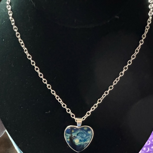 Heart-Shaped Starry Night Van Gogh Pendant Silvertone Necklace - Picture 4 of 5